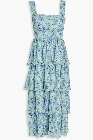 Ganni Floral-print plisse-chiffon midi dress - Blue - DE 42