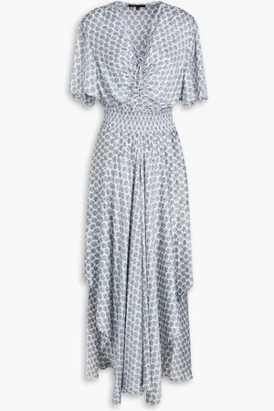 Maje Asymmetric shirred printed satin maxi dress - Blue - FR 36