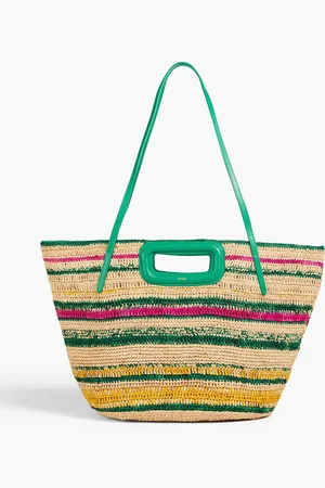 Maje Leather-trimmed striped raffia tote - Green - OneSize