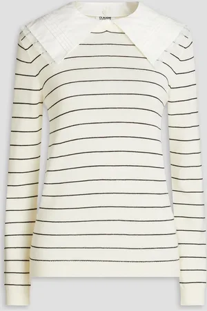 Claudie Pierlot Cotton poplin-paneled striped wool sweater - White - 1