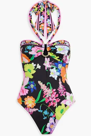 Camilla Embellished floral-print halterneck swimsuit - - S