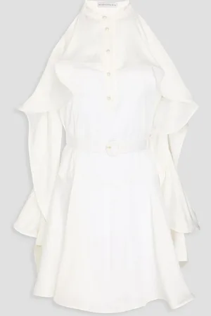 PALMER / HARDING Cold-shoulder belted ruffled satin mini dress - White - UK 14