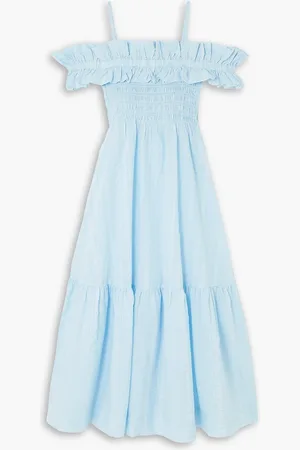 Ganni Ruffle-trimmed smocked seersucker maxi dress - Blue - DE 42