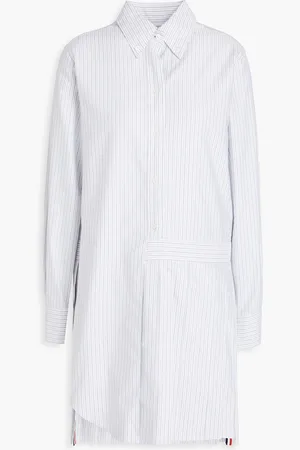 Thom Browne Asymmetric pleated striped cotton mini shirt dress - Gray - IT 42