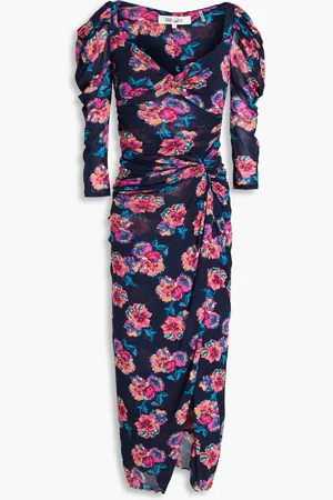 Diane von Furstenberg Pansy ruched floral-print stretch-mesh midi dress - Blue - XS
