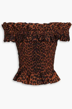 Ganni Off-the-shoulder leopard-print cotton top - - DE 42