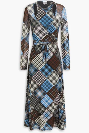 Ganni Patchwork-effect stretch-mesh midi dress - Blue - DE 40