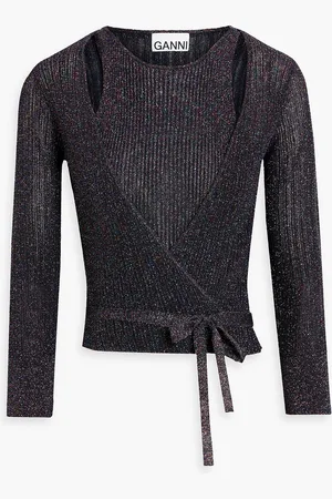 Ganni Cutout wrap-effect metallic ribbed-knit top - - XS