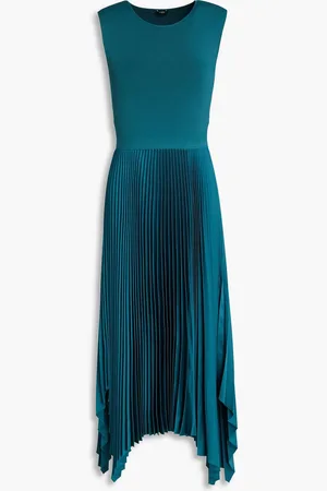 Joseph Dera asymmetric pleated stretch-knit and satin midi dress - Blue - FR 40