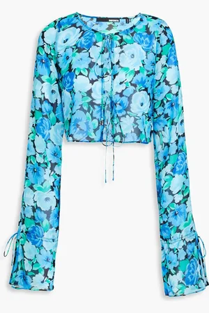 ROTATE Cropped floral-print chiffon blouse - Blue - DE 40