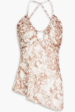 REJINA PYO Mei asymmetric ruched printed chiffon halterneck top - - UK 10