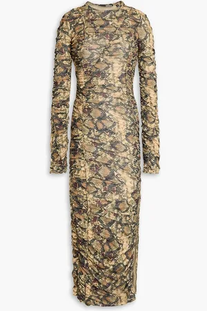 ROTATE Ruched snake-print mesh midi dress - - DE 36