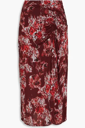 IRO Alise ruched printed crepe de chine midi skirt - Burgundy - FR 38