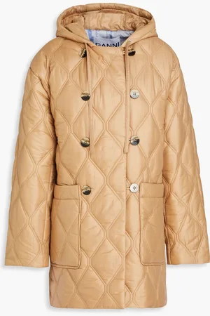 Ganni Double-breasted quilted ripstop hooded coat - Neutral - DE 40