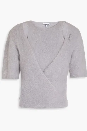 Ganni Wrap-effect brushed alpaca-blend top - Gray - L