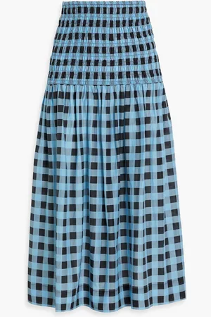 Ganni Shirred checked cotton and silk-blend midi skirt - Blue - DE 32