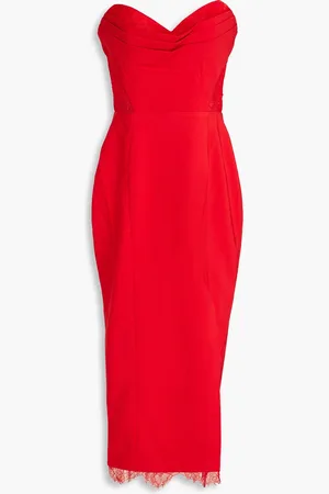 Marchesa Notte Strapless lace-trimmed pleated crepe midi dress - - US 16