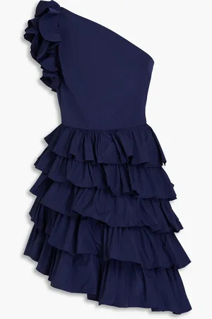 Marchesa Notte One-shoulder ruffled taffeta mini dress - Blue - US 4