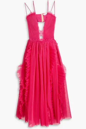 Zuhair Murad Crocheted lace-trimmed ruffled plissé-organza midi dress - Pink - FR 40
