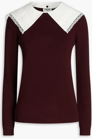 Claudie Pierlot Cotton poplin-paneled wool sweater - Burgundy - 3