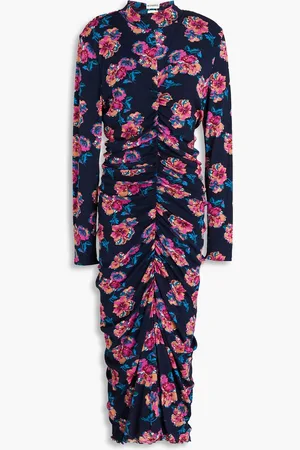 Diane von Furstenberg Pansy ruched floral-print stretch-mesh midi dress - Blue - L