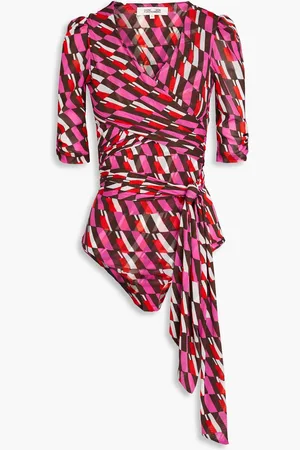 Diane von Furstenberg Abbie wrap-effect printed mesh bodysuit - Pink - L