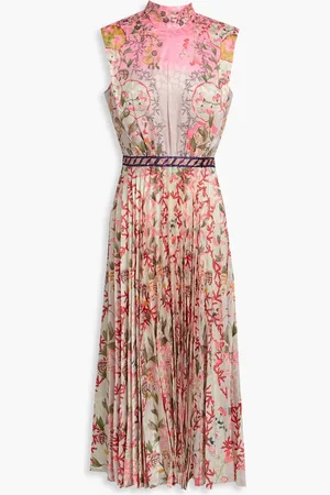 SALONI Fleur pleated printed satin-jacquard midi dress - Pink - UK 12