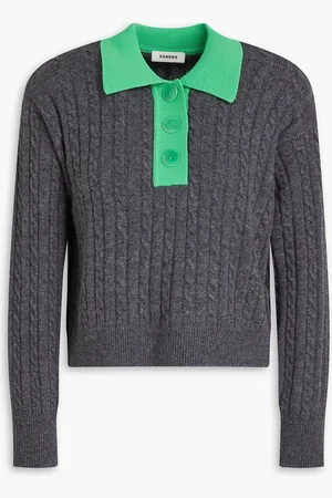 Sandro Two-tone cable-knit wool-blend polo sweater - Gray - 3