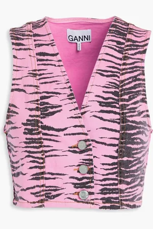 Ganni Cropped tiger-print denim vest - - DE 40