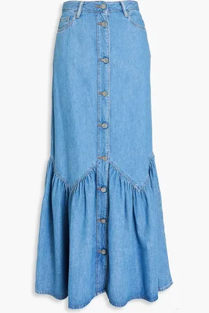 Ganni Button-detailed gathered denim maxi skirt - Blue - DE 38