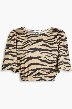 Ganni Cripped tiger-print crinkled-satin top - - DE 42