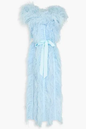 HUISHAN ZHANG Angelina off-the-shoulder feather-trimmed silk-organza midi dress - Blue - UK 8
