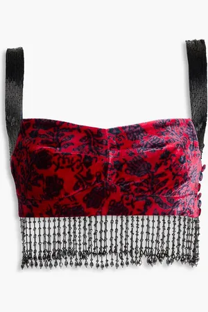 SALONI Cropped fringed bead-embellished printed velvet top - Red - UK 12