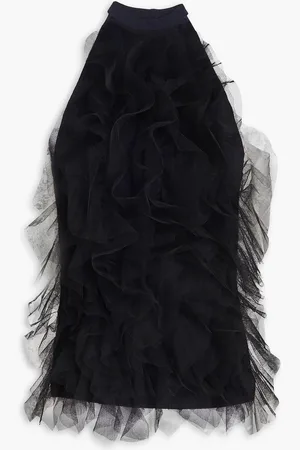 AUTUMN CASHMERE Tulle-trimmed knitted halterneck top - Blue - S