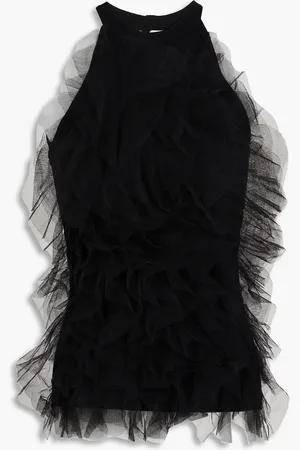 AUTUMN CASHMERE Tulle-trimmed ruffled stretch-knit top - - S