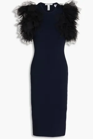 AUTUMN CASHMERE Tulle-trimmed ruffled ribbed-knit midi dress - Blue - S
