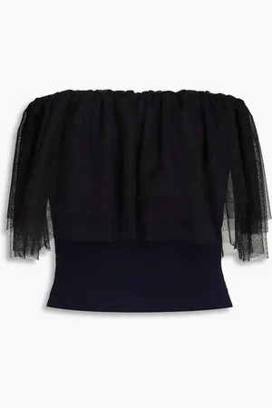 AUTUMN CASHMERE Strapless tulle-trimmed knitted top - Blue - M