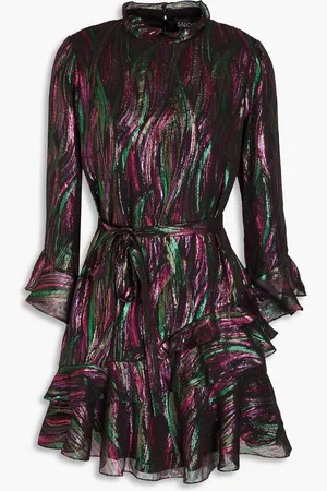 SALONI Rose ruffled metallic silk-blend fil coupé mini dress - - UK 8