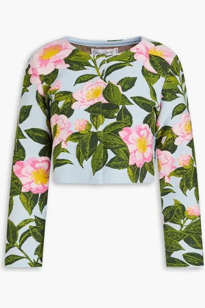 Oscar de la Renta Cropped jacquard-knit cardigan - Blue - M