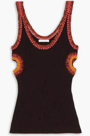 Chloé Cutout crochet-trimmed ribbed wool tank - Brown - M
