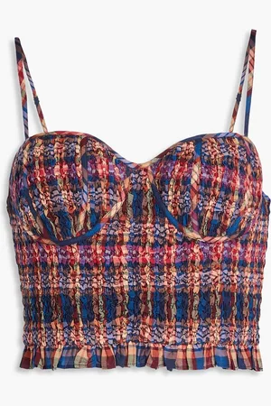 ULLA JOHNSON Liv cropped checked shirred cotton and silk-blend bustier top - - US 10