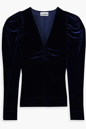 Ganni Ruched stretch-velvet top - Blue - DE 34