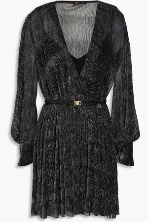 Maje Wrap-effect belted metallic knitted mini dress - Metallic - FR 40