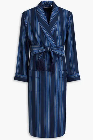 DEREK ROSE Belted striped wool-twill robe - Blue - XXL