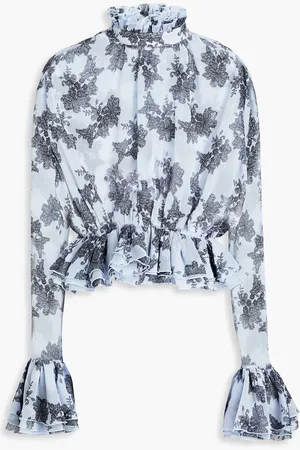 ROTATE Cropped ruffled floral-print chiffon blouse - Blue - DE 40