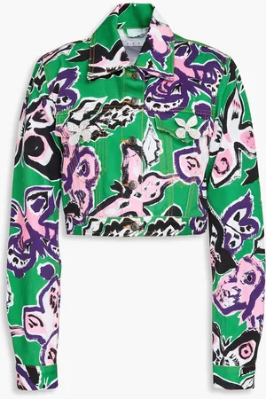 AREA Cropped crystal-embellished floral-print denim jacket - - M