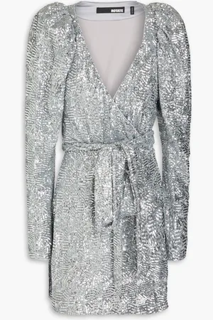 ROTATE Sequined stretch-tulle mini wrap dress - Metallic - DE 44
