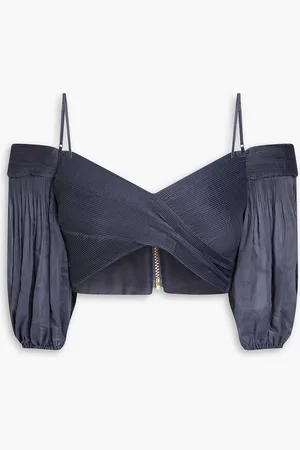 ZIMMERMANN Cropped cold-shoulder pleated organza top - Blue - 0