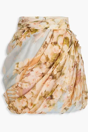 ZIMMERMANN Draped floral-print linen and silk-blend gauze mini skirt - Neutral - 1
