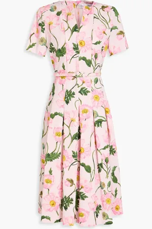 Oscar de la Renta Pleated floral-print cotton-blend cloqué midi dress - Pink - US 6